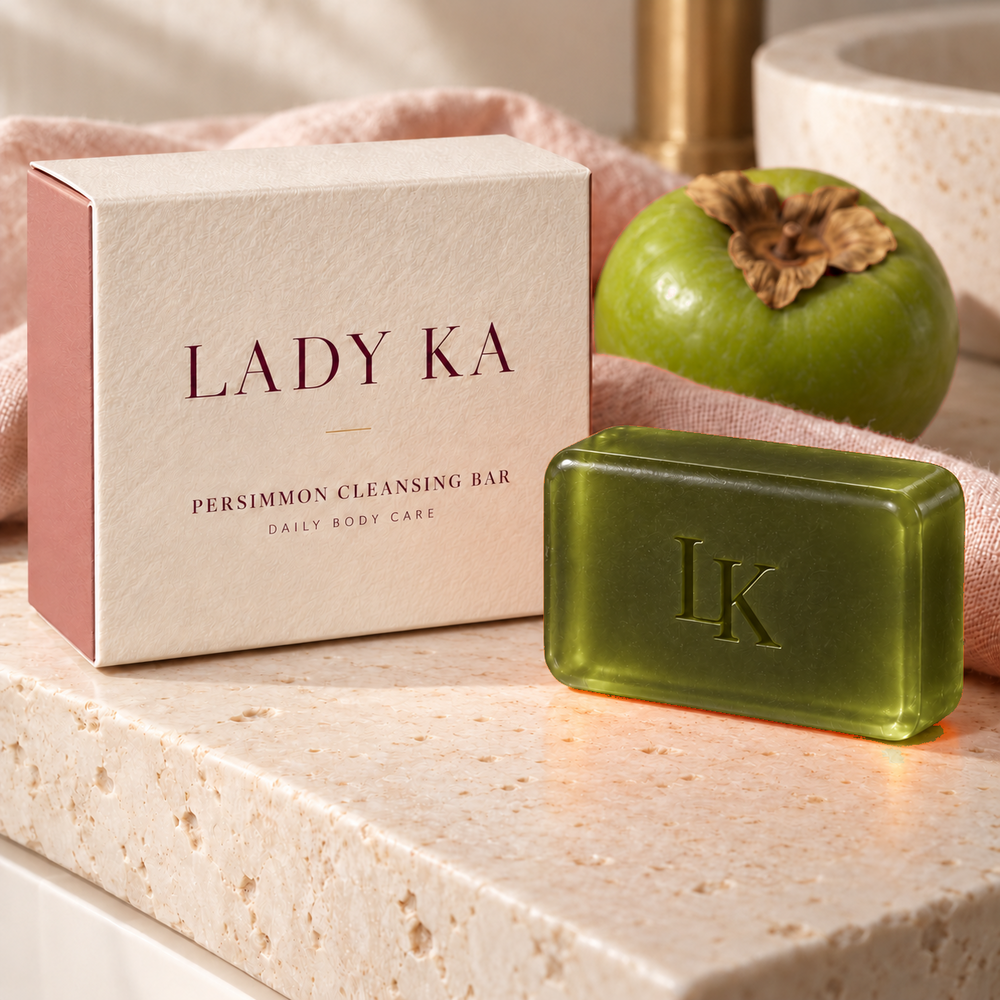 Lady Ka glossy translucent amber persimmon bar with LK monogram and ivory carton