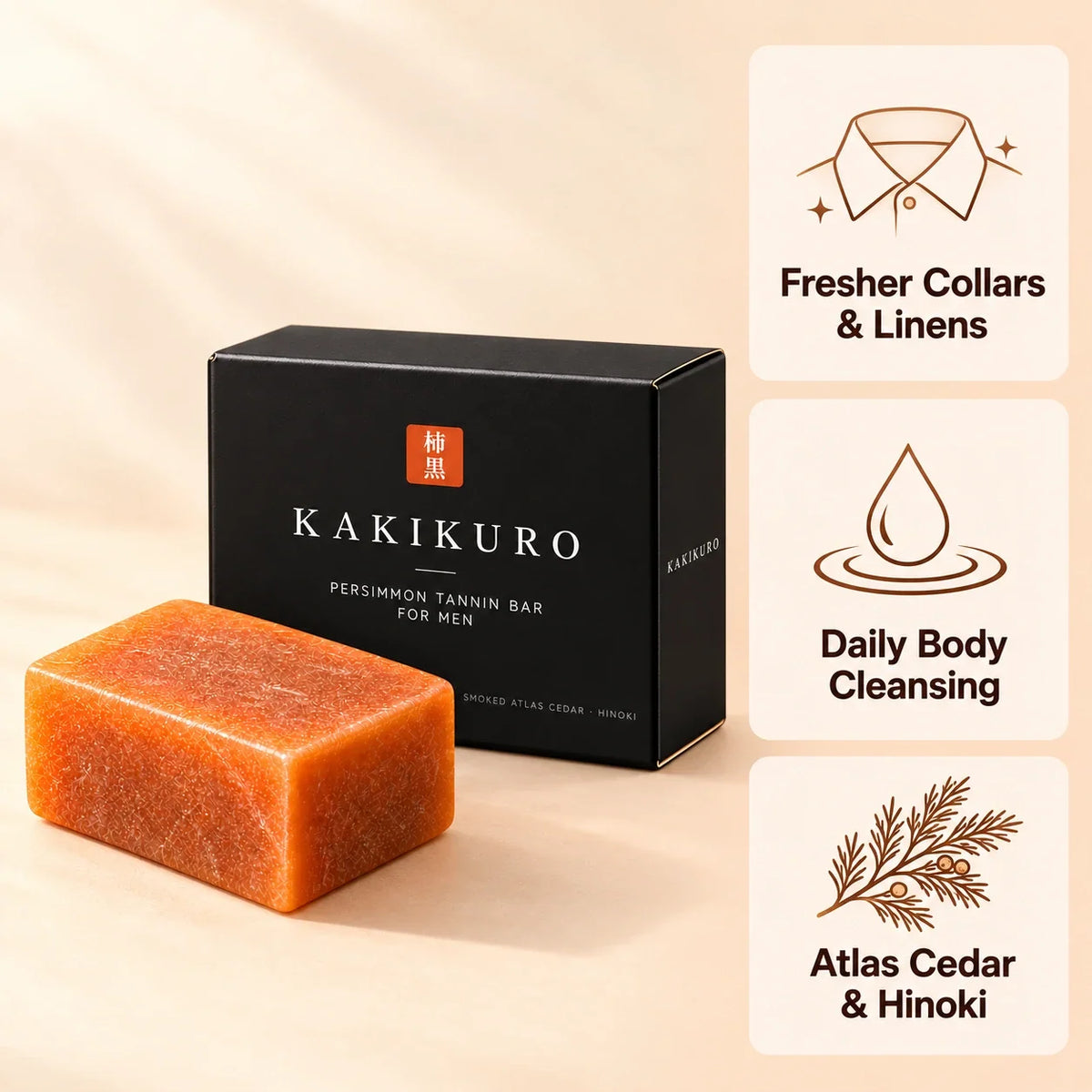 KAKIKURO soap with proportioned plain black carton and daily cleansing benefits