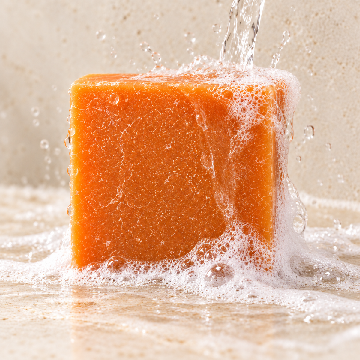 Step 1: wet orange Kakikuro soap with fresh white lather under running water