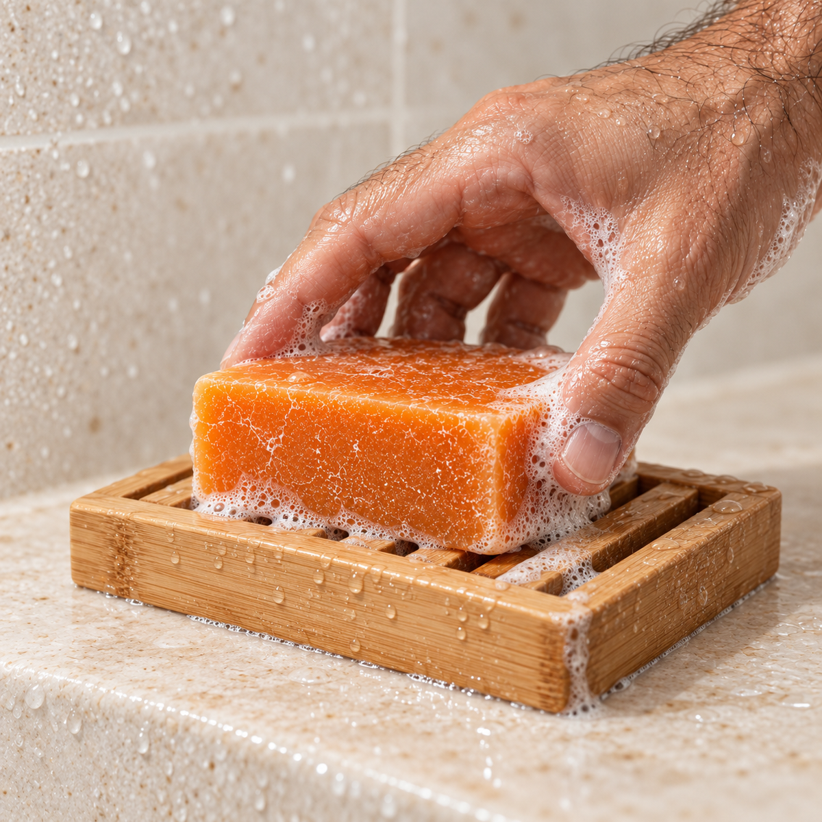 Step 3: placing the wet Kakikuro bar on a bamboo draining soap dish
